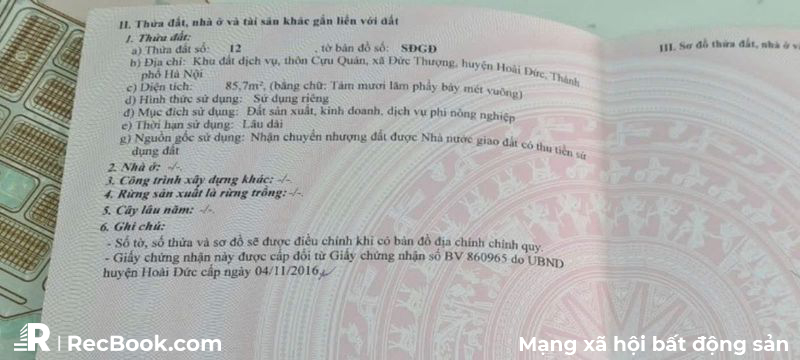 Gia đình cần bán đất dịch vụ Cựu Quán - Đức Thượng - Hoài Đức — ảnh 2