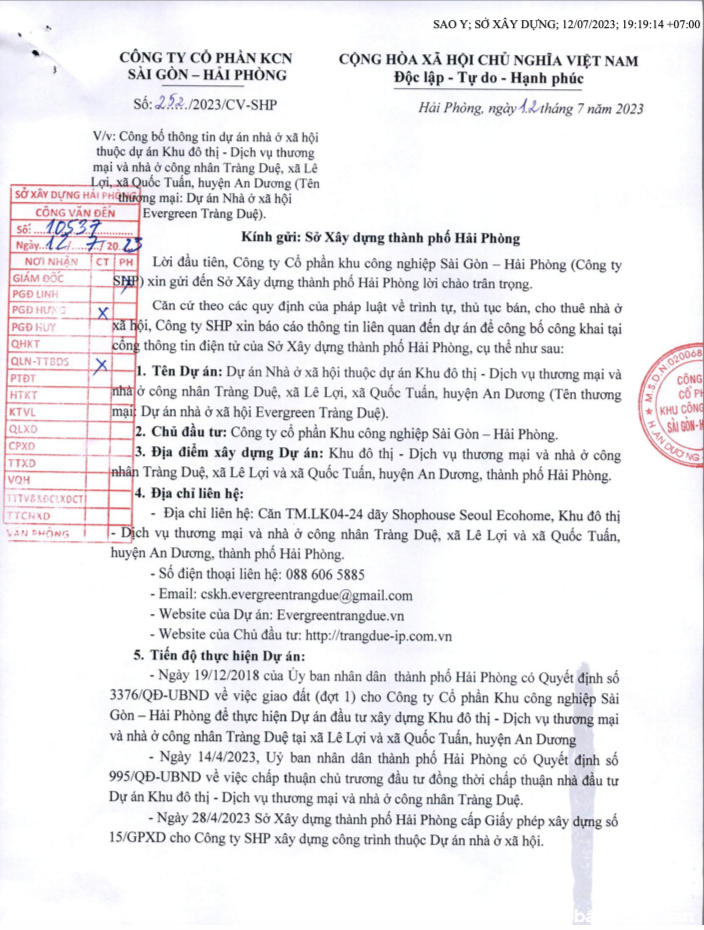 Công bố thông tin dự án nhà ở xã hội thuộc Dự án Khu đô thị - Dịch vụ thương mại và nhà ở công nhân Tràng Duệ, xã Lê Lợi, xã Quốc Tuấn, huyện An Dương