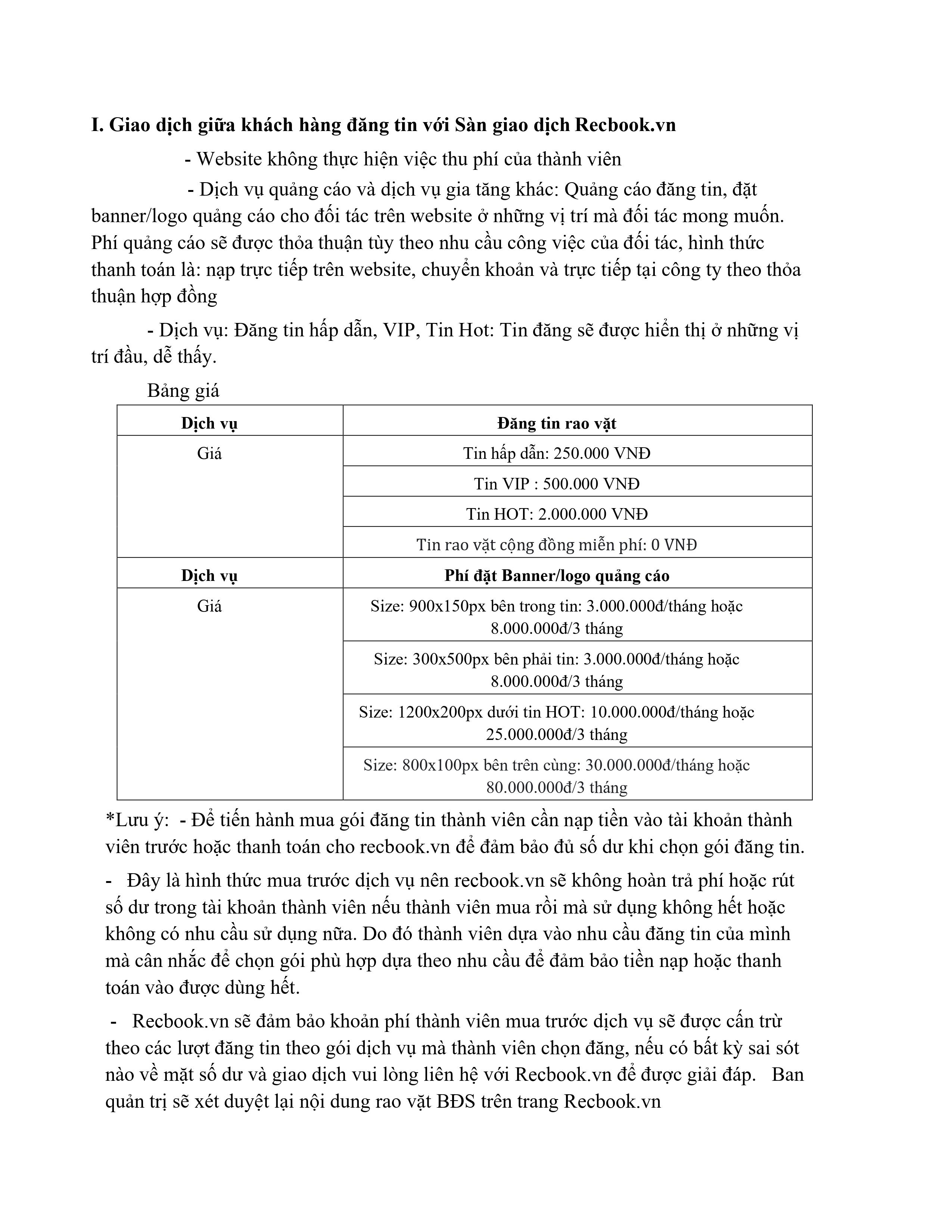 Bảng giá dịch vụ RecBook — trang 1